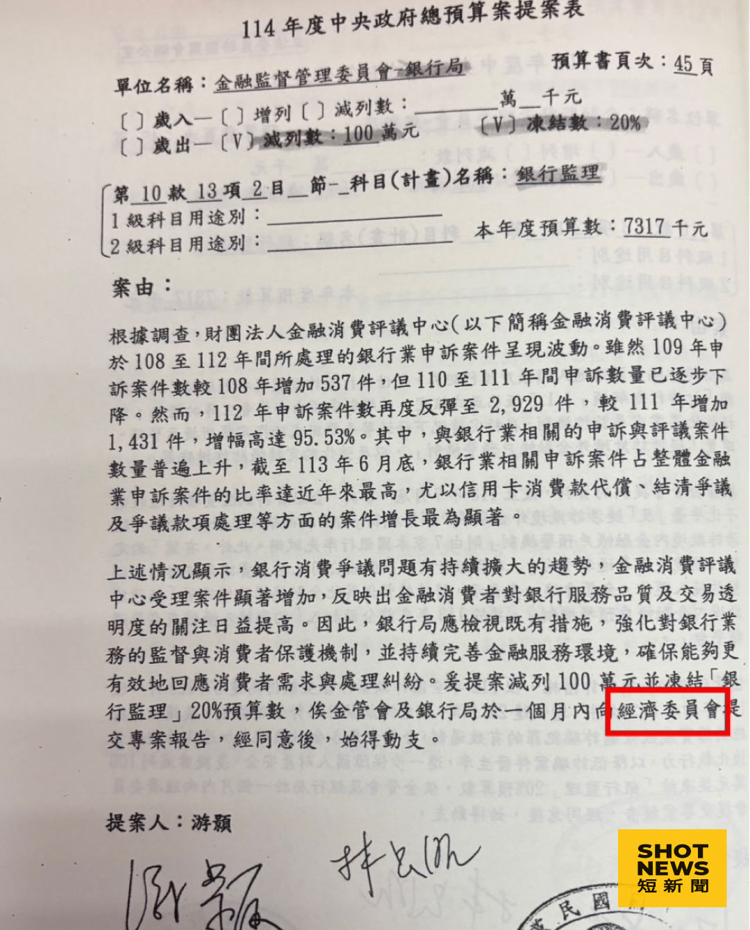 國民黨游顥、馬文君提案刪除金管會預算，卻搞不清楚所屬委員會（圖：林楚茵辦公室提供）