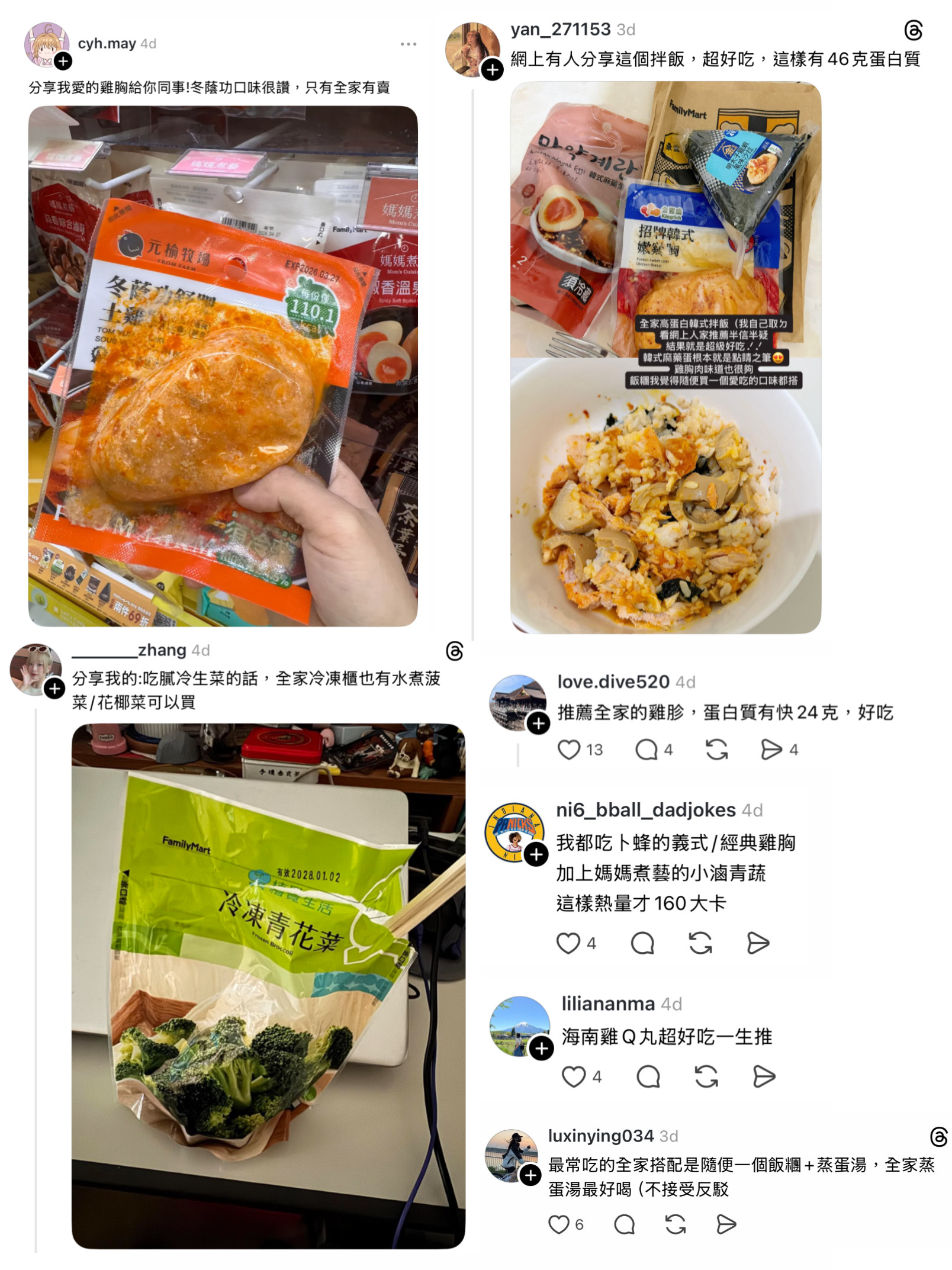 網友留言私藏與推薦的全家品項，更有網友曝光創意高蛋白組合吃法，掀起嘗試熱潮（圖／翻攝自Threads）