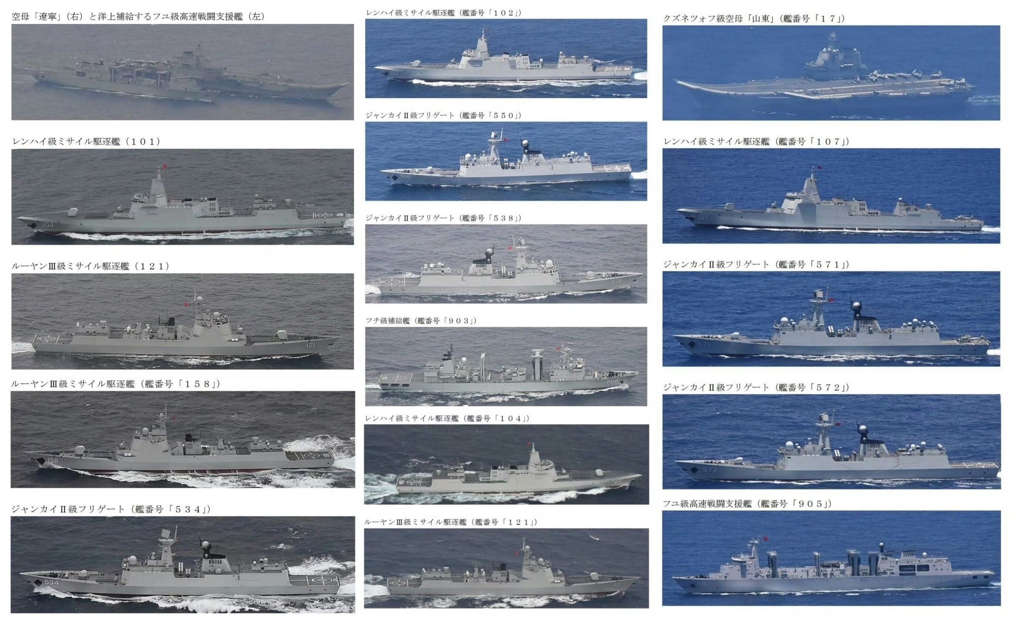 日本防衛省公布監控共軍各船艦照片。(日本防衛省統合幕僚監部)
