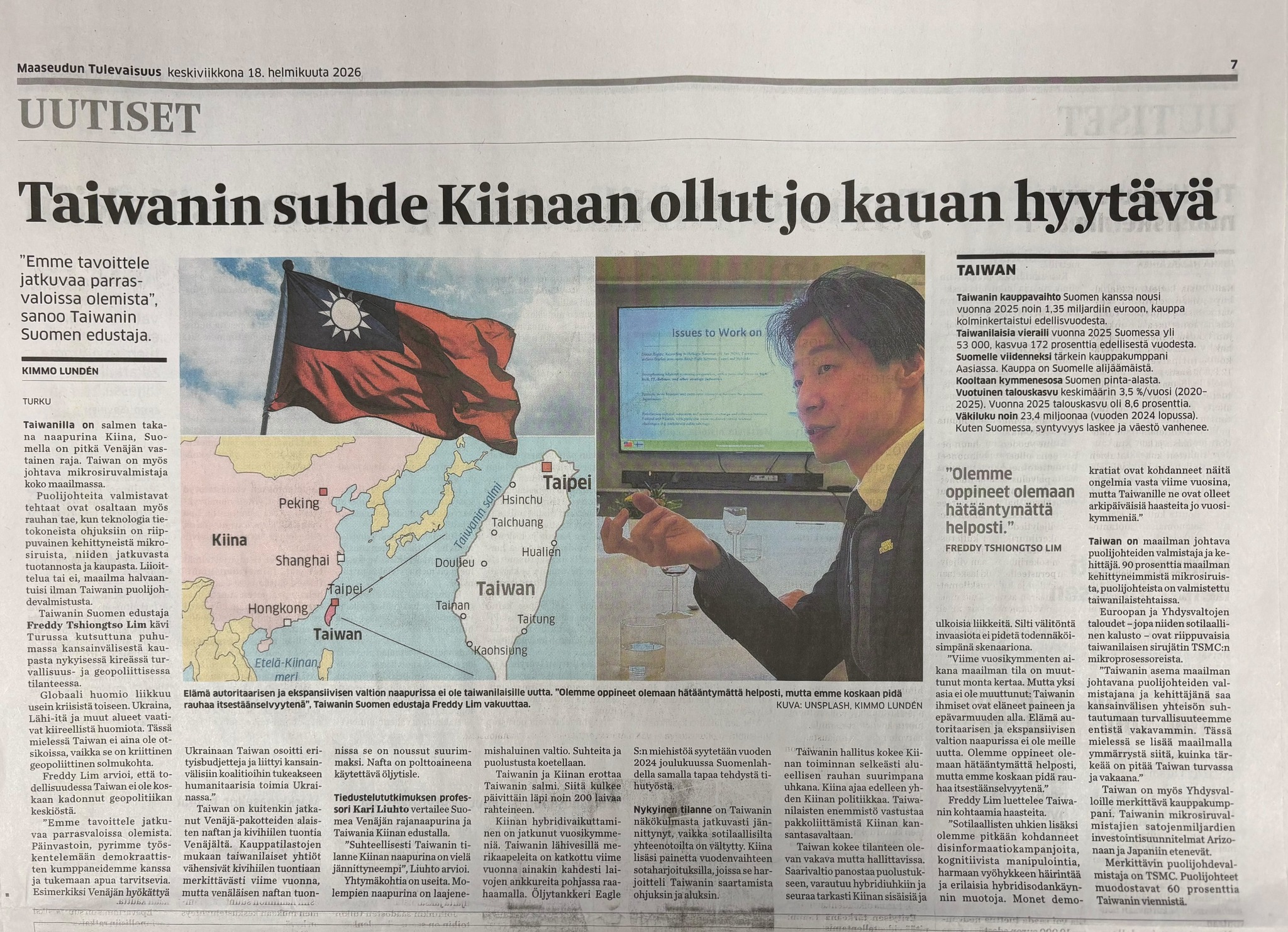 林昶佐登芬蘭大報 談台灣民主韌性與半導體