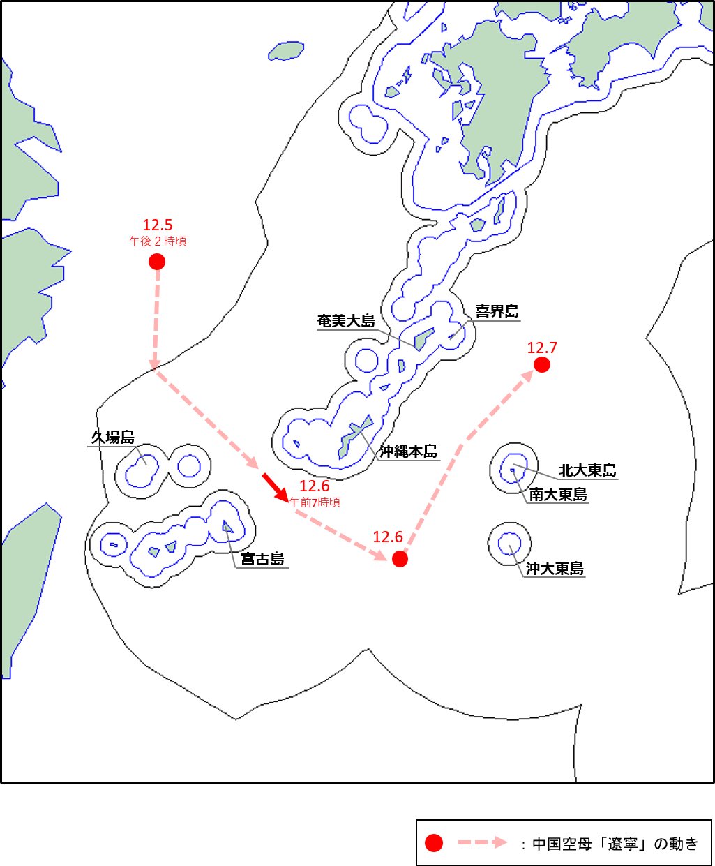 日本防衛省公布中國遼寧號航線圖。(日本防衛省)