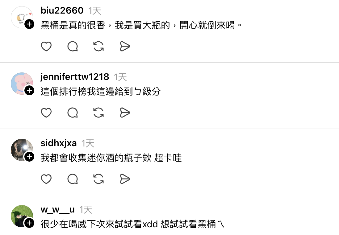 網友評比超商迷你威士忌,Jameson黑桶奪冠掀熱議(圖/翻攝自Threads)