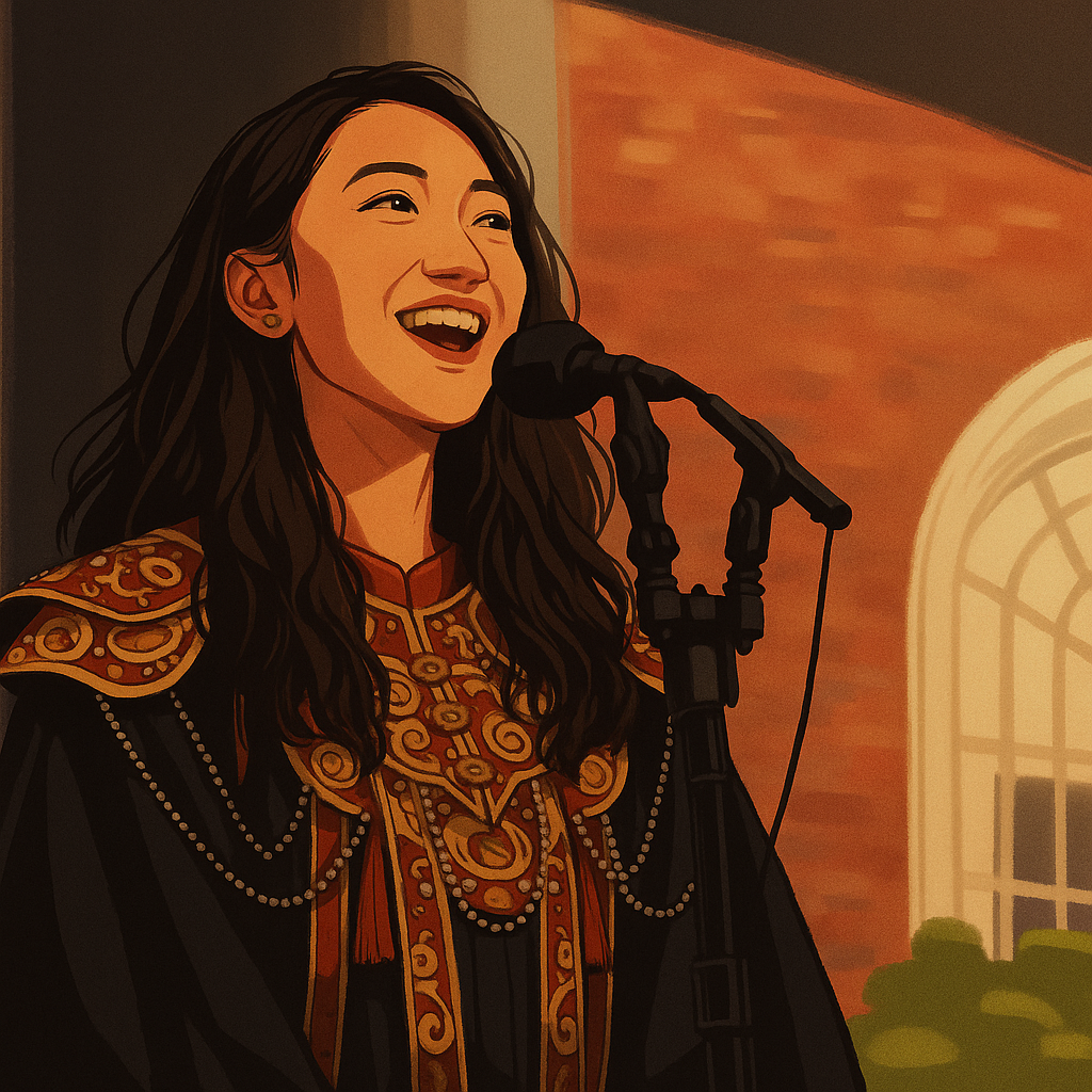 哈佛大學在2025年的畢業典禮上特別挑選一名身穿龍袍的中國女孩發表畢業致辭。（AI製圖）