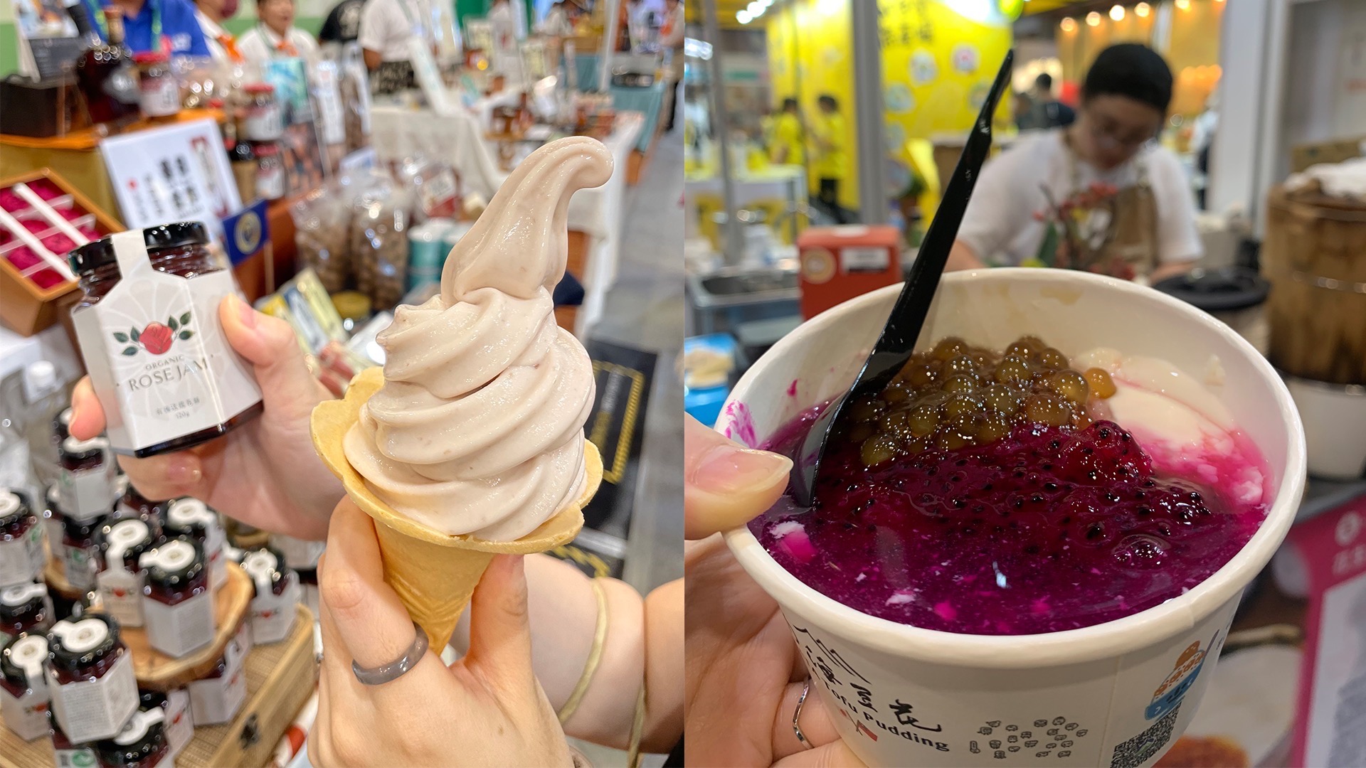 ▲網友分享去年台灣美食展現場美食，玫瑰霜淇淋與火龍果豆花，成為熱門話題之一。（圖／擷取自Dcard）