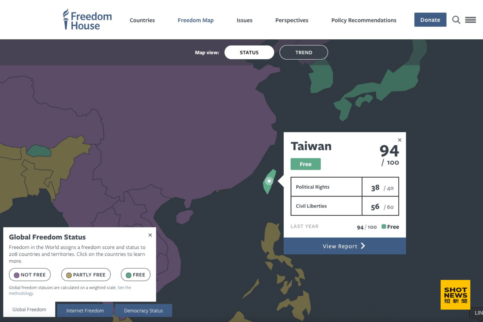 自由之家報告顯示，台灣自由度評分高達94分，位列亞洲第二，僅次於日本的96分。(自由之家網頁截圖)